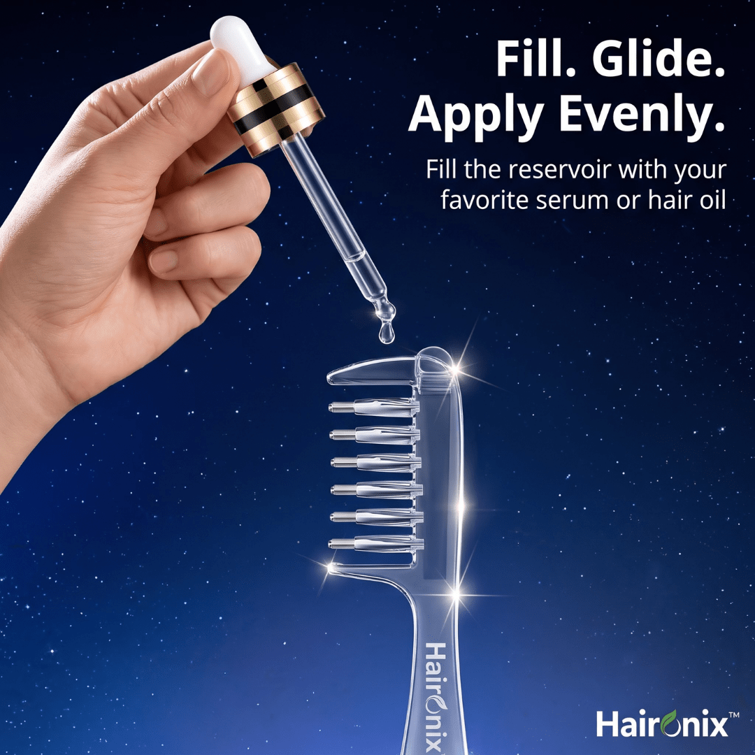 Filling the reservoir of the Haironix Scalp Serum Applicator Comb with serum using a dropper