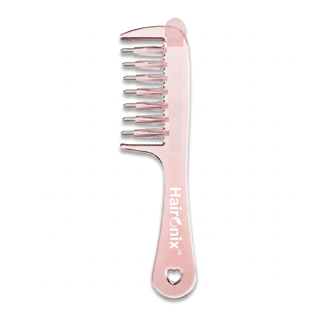 Haironix Scalp Serum Applicator Comb in rose pink with metal ball tips and see-through serum reservoir