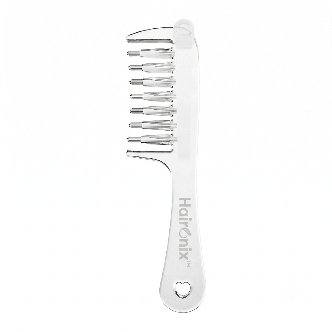 Haironix Scalp Serum Applicator Comb in crystal clear with metal ball tips and see-through serum reservoir