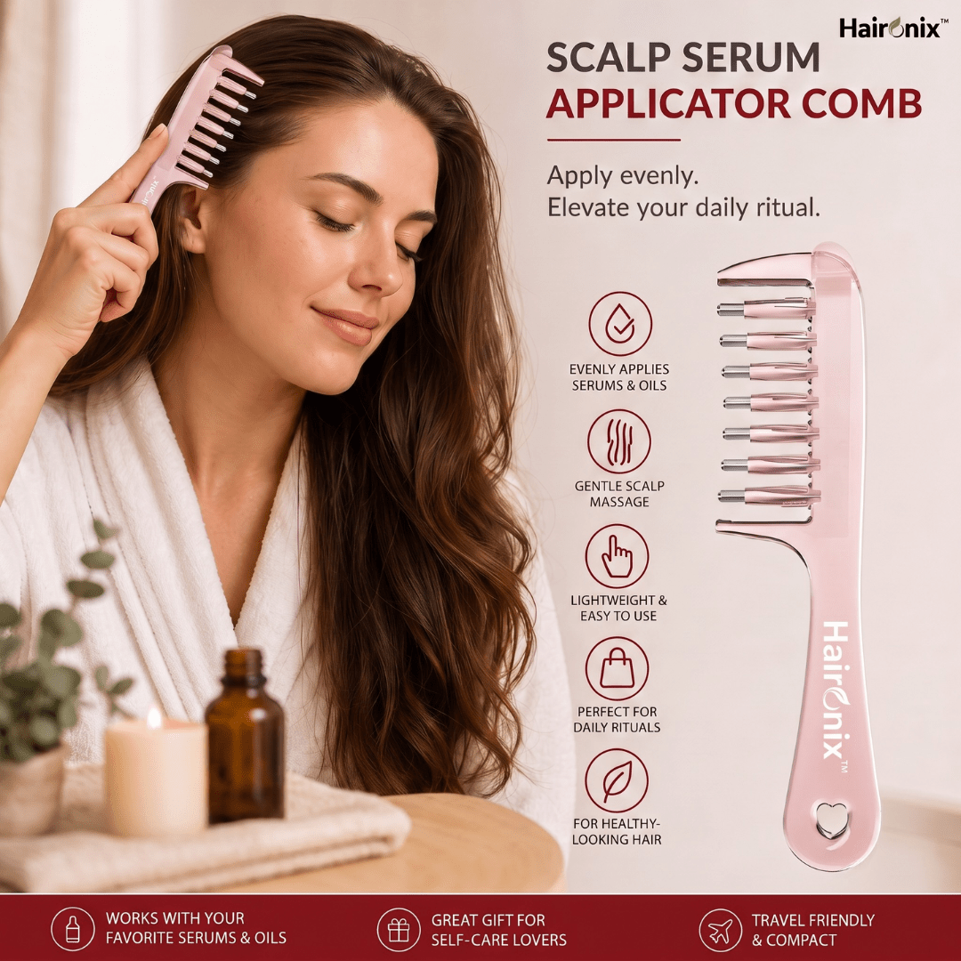 Woman using the rose pink Haironix Scalp Serum Applicator Comb as part of her daily self-care routine