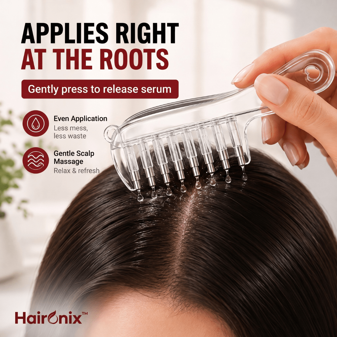 Haironix Scalp Serum Applicator Comb releasing serum droplets directly onto the scalp along the hair parting
