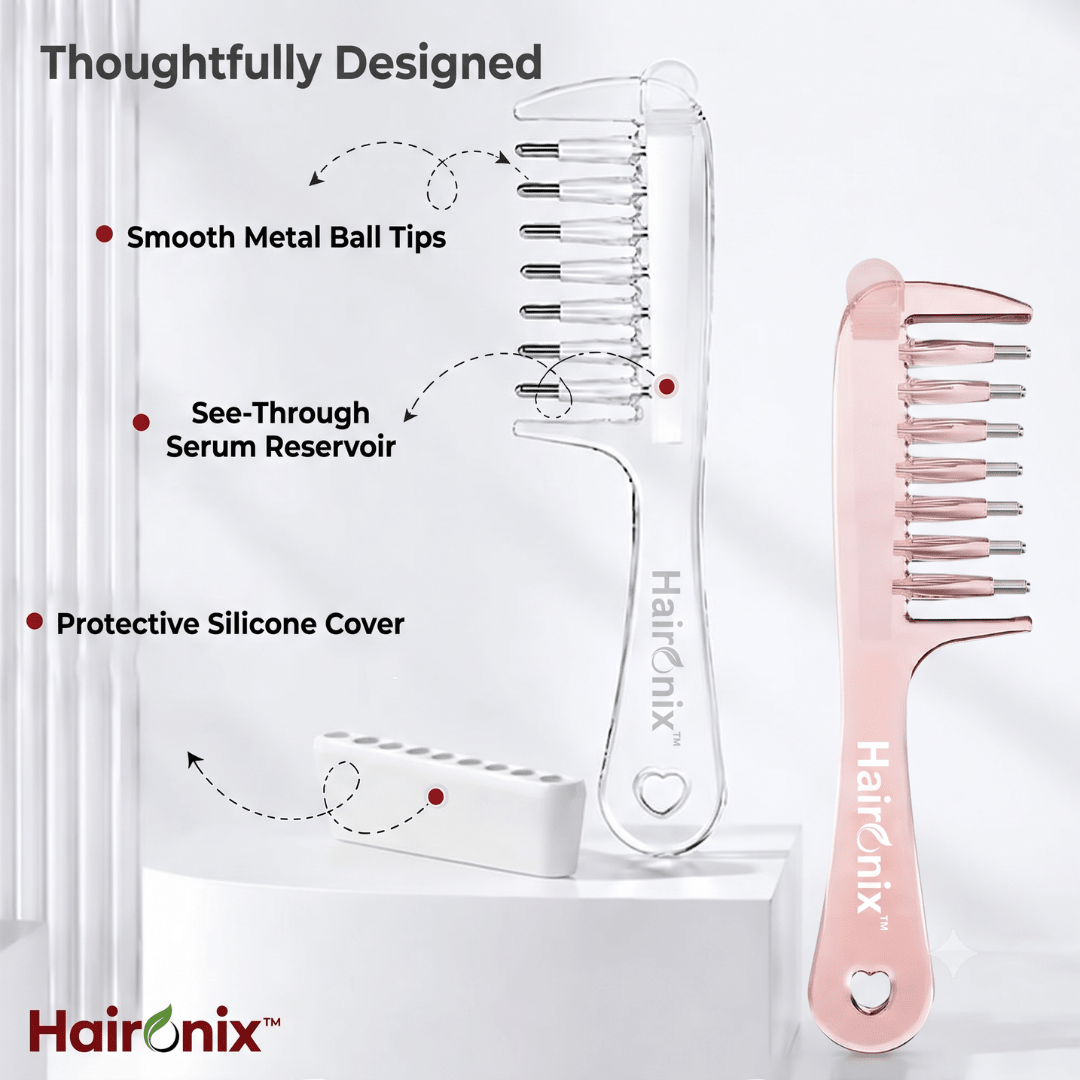 Haironix Scalp Serum Applicator Comb features: smooth metal ball tips, see-through serum reservoir and protective silicone cover, in crystal clear and rose pink