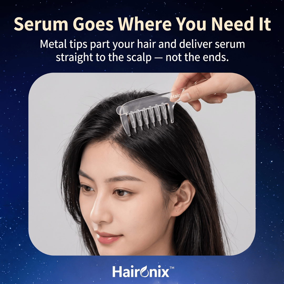 Haironix Scalp Serum Applicator Comb parting the hair to deliver serum directly to the scalp