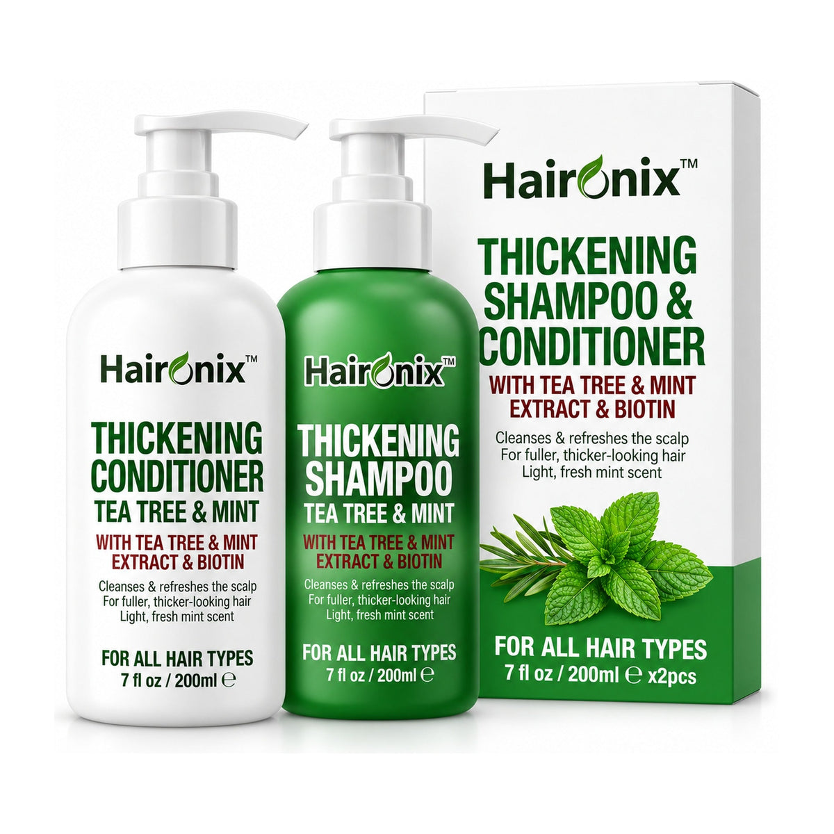 Haironix Thickening Shampoo and Conditioner Duo, two 200 ml tea tree and mint pump bottles with box