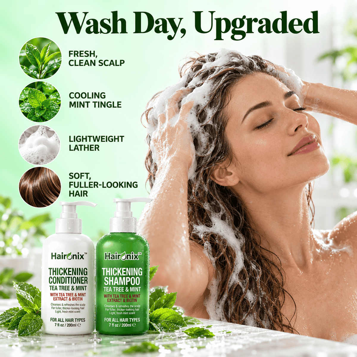 Woman lathering Haironix Thickening Shampoo into her hair in the shower