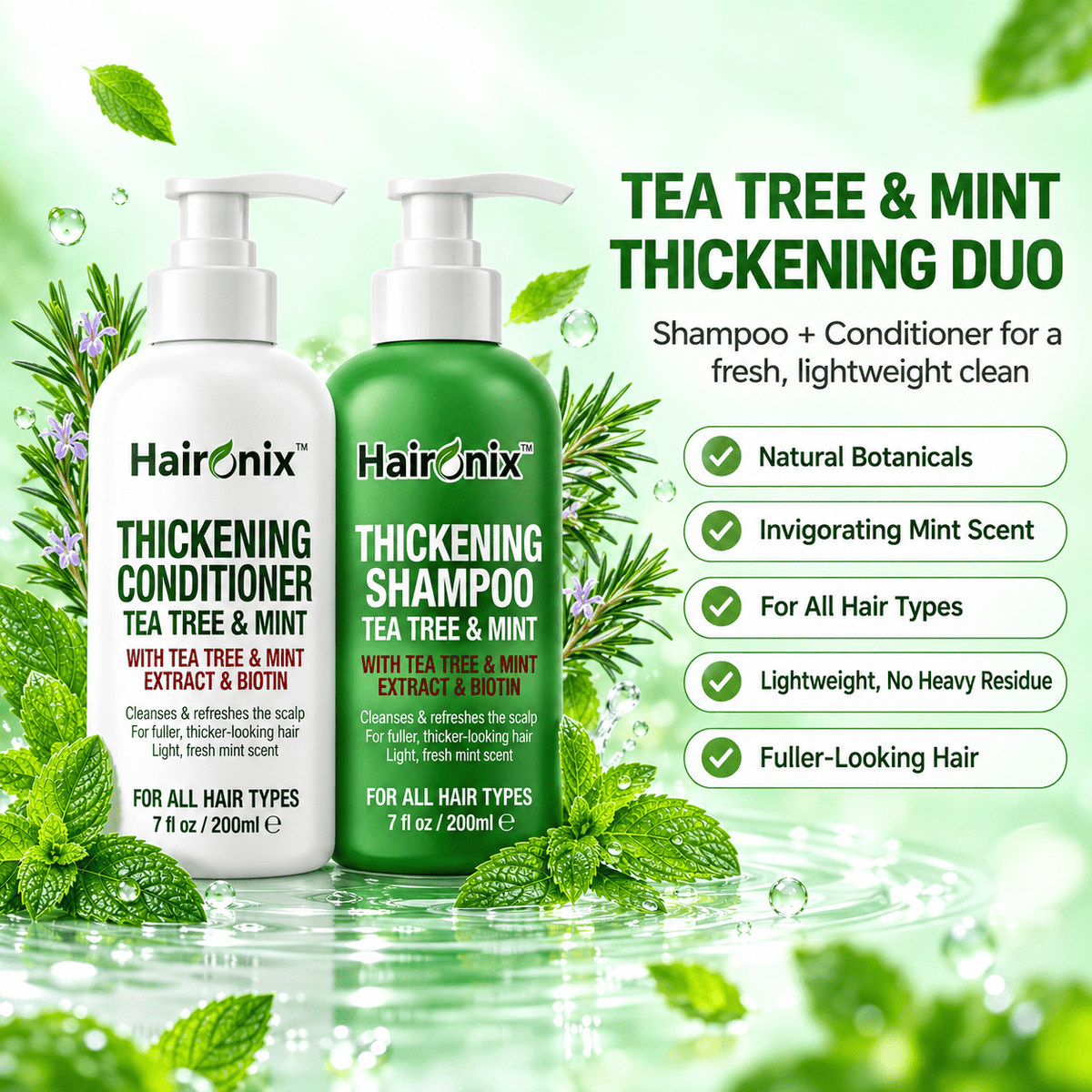 Haironix Tea Tree and Mint Thickening Duo shampoo and conditioner with key benefits: natural botanicals, mint scent, for all hair types