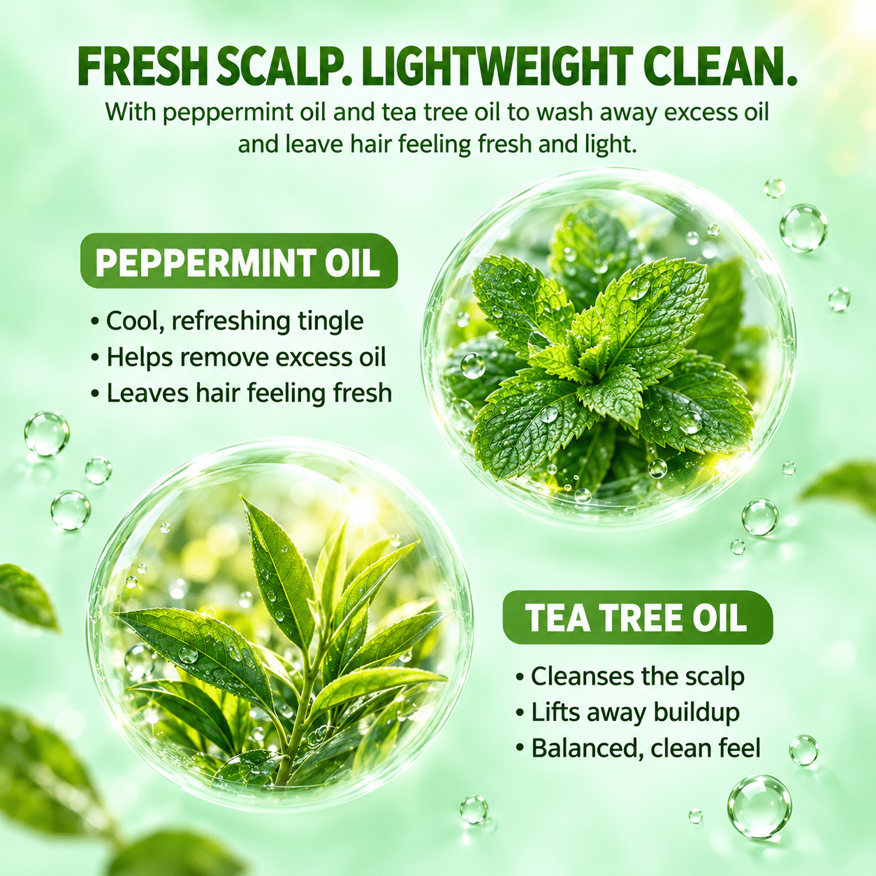 Peppermint oil and tea tree oil in Haironix Thickening Shampoo for a fresh scalp and lightweight clean