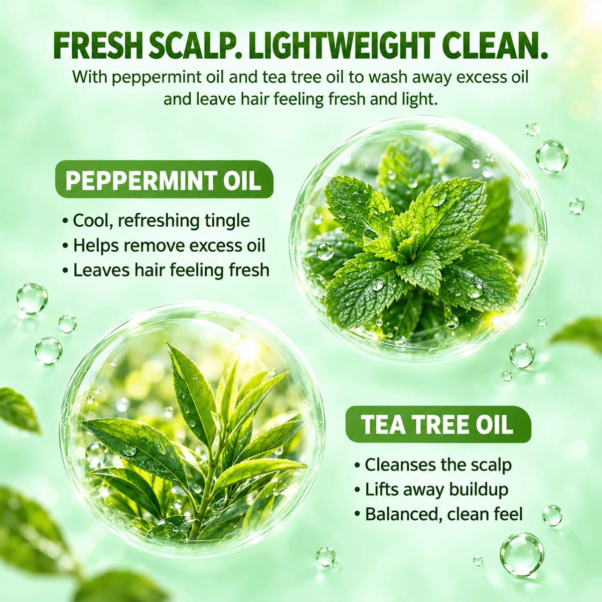 Peppermint oil and tea tree oil in Haironix Thickening Shampoo for a fresh scalp and lightweight clean