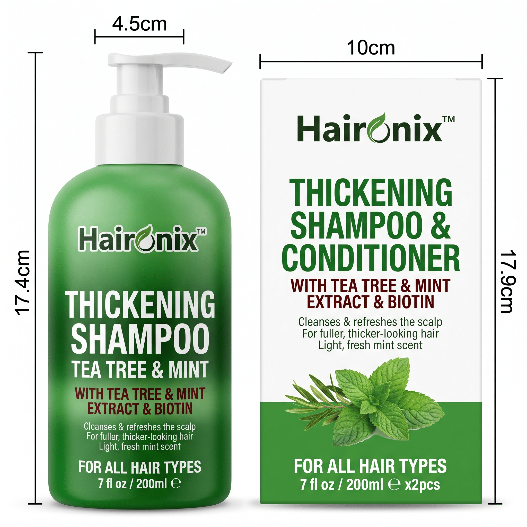 Haironix Thickening Shampoo bottle and box with size measurements, 200 ml (7 fl oz)