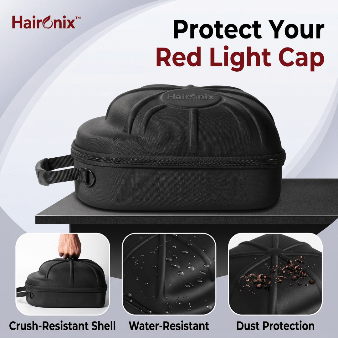 Haironix travel case with a crush-resistant hard shell, water-resistant surface and dust protection for the Red Light Cap