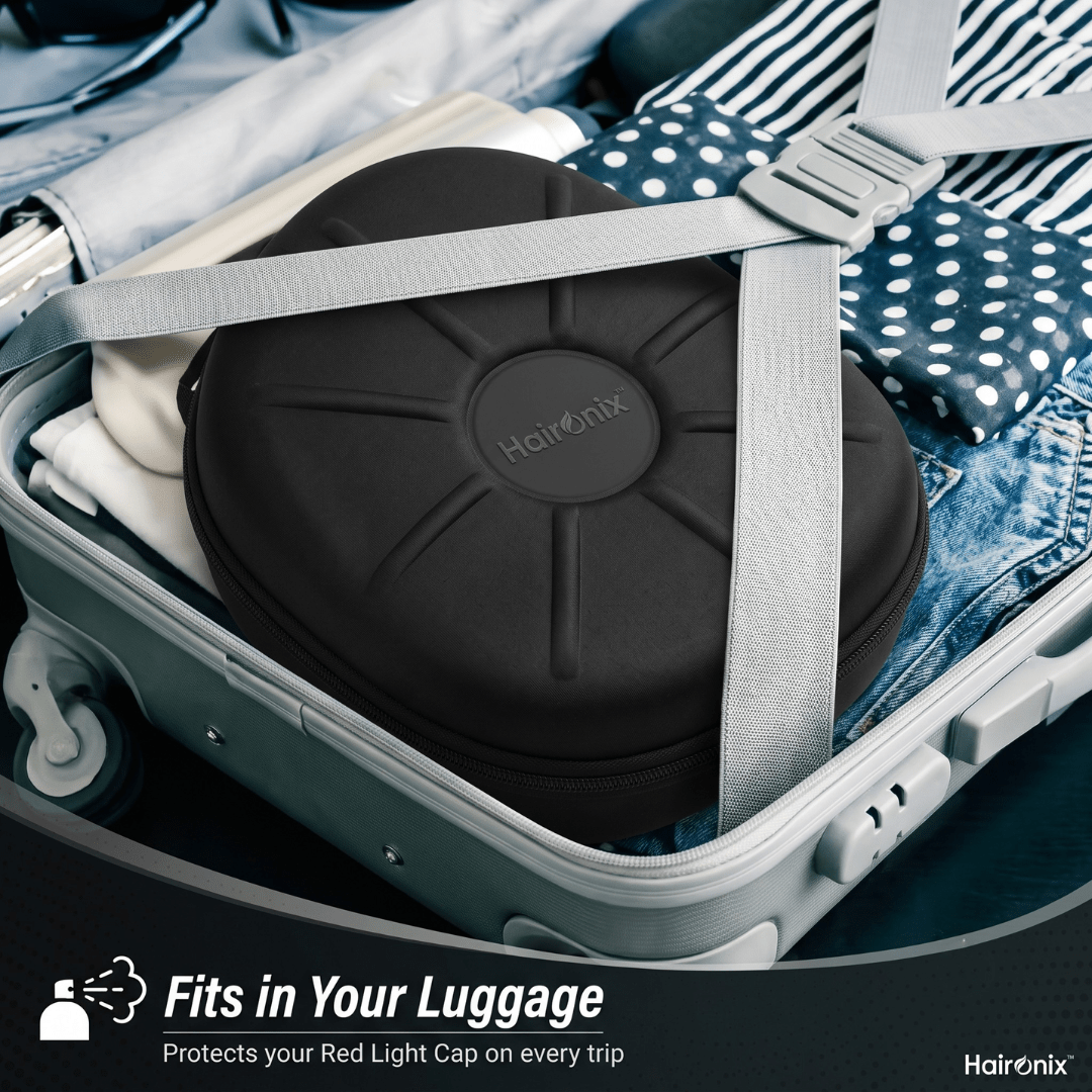 Haironix travel case packed in a suitcase, protecting the Red Light Cap while traveling