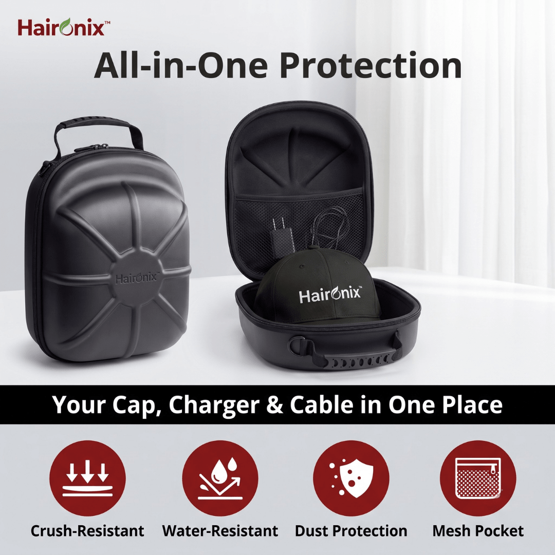 Haironix travel case features: crush-resistant shell, water-resistant surface, dust protection and a mesh pocket for the charger and cable
