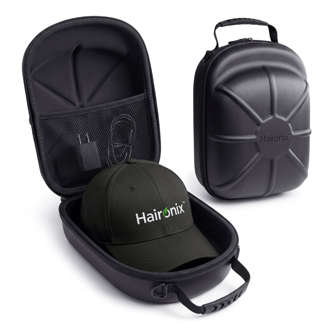 Haironix travel case with room for the Red Light Cap, charger and cable in one protective case